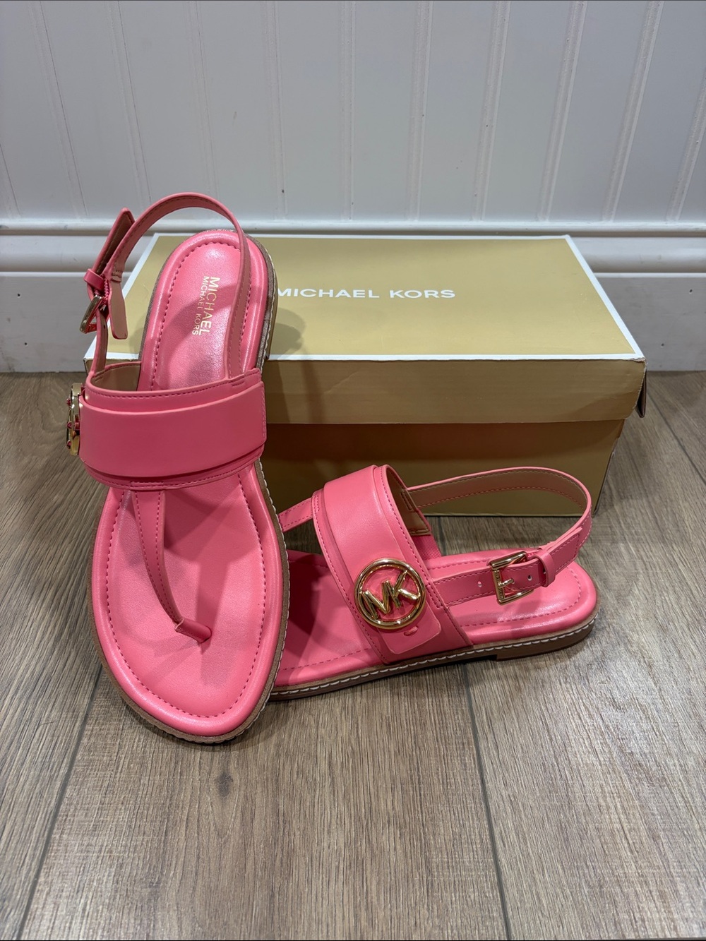 Michael Kors Pink Carmen Leather MK Logo Slingback Sandals